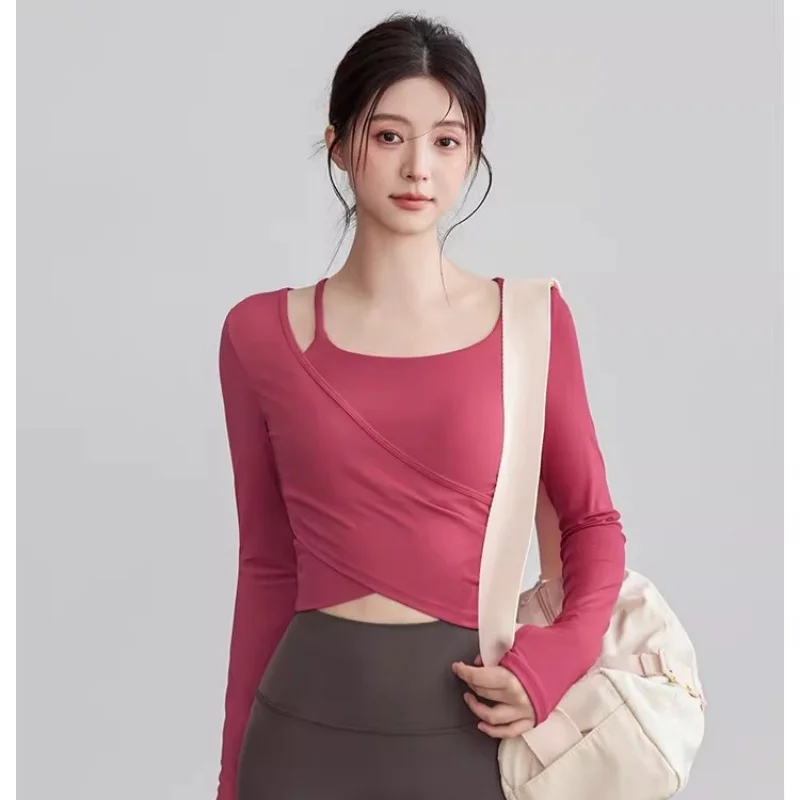 

Женские топы для йоги, двухсекционный спортивный бюстгальтер для похудения со встроенными подушечками для профессиональных тренировок по пилатесу и фитнесе (длинный рукав)