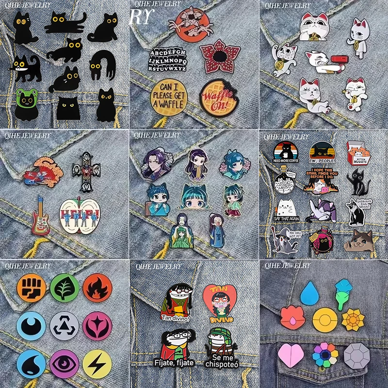 2-12 pièces/ensemble Badges et broches en émail sur le thème des jeux d'anime TCG, des types d'énergie magiques, des groupes de rock pop, des anime, Turbo Granny Cat, Maomao, Bijoux cadeaux