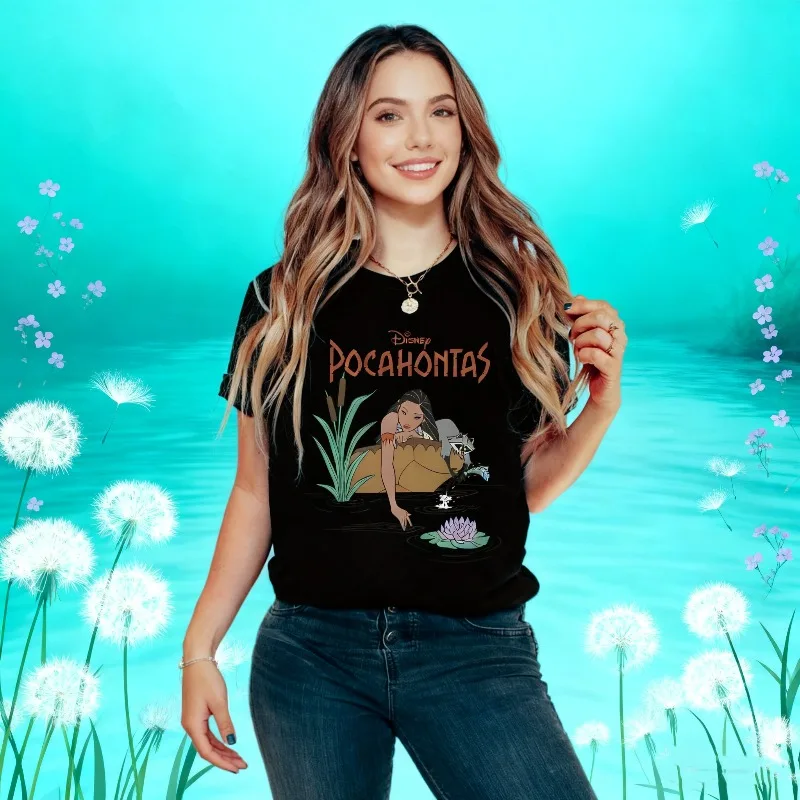

Лето 2022, футболка принцессы Диснея Покахонтас для девочек из 100% хлопка с принтом, семейная одежда для родителей и детей, повседневный свободный удобный топ