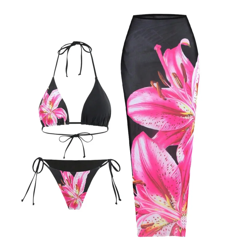 

New Sexy Bikini Printed Flowers Three-Piece Swimsuit For Women's Fashionable Versatile Multiple Styles Beach Vacation Swimsuit