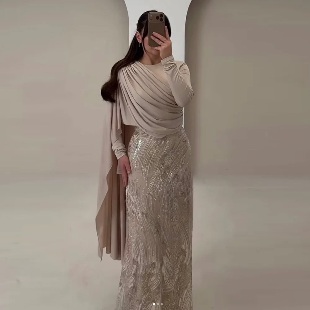 

Elegant Beige Mother Of The Bride Dress Cape Sleeve Sequin Mermaid Formal Evening Gown Custom Size Available For Wedding Party