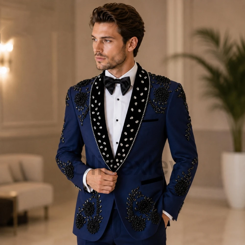 Olibexley Luxury Navy Blue 2 Pieces Sets Men's Suits Diamond Crystal Beaded Groom Wedding Blazers Ropa Hombre Customized S263