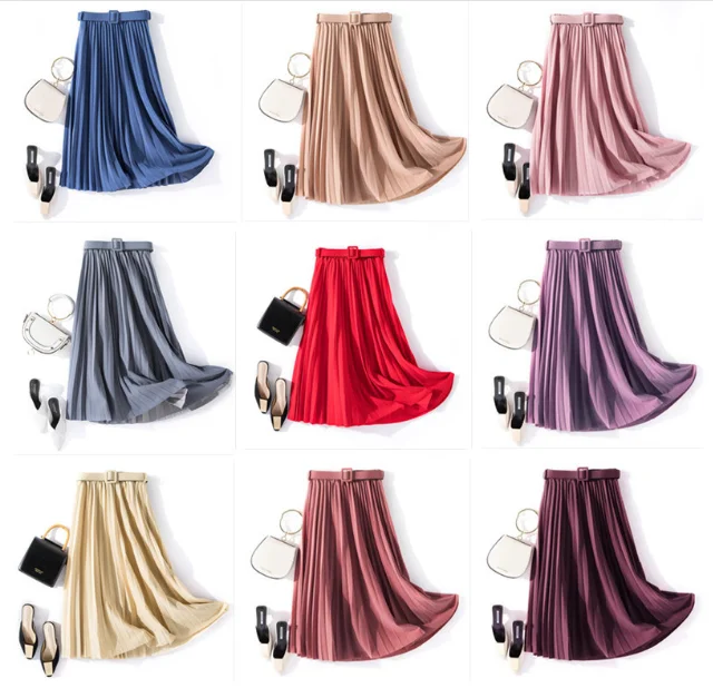 2024 New Autumn Summer Fashion Solid Color High Waist Pleated A Line medium and long Skirt Women