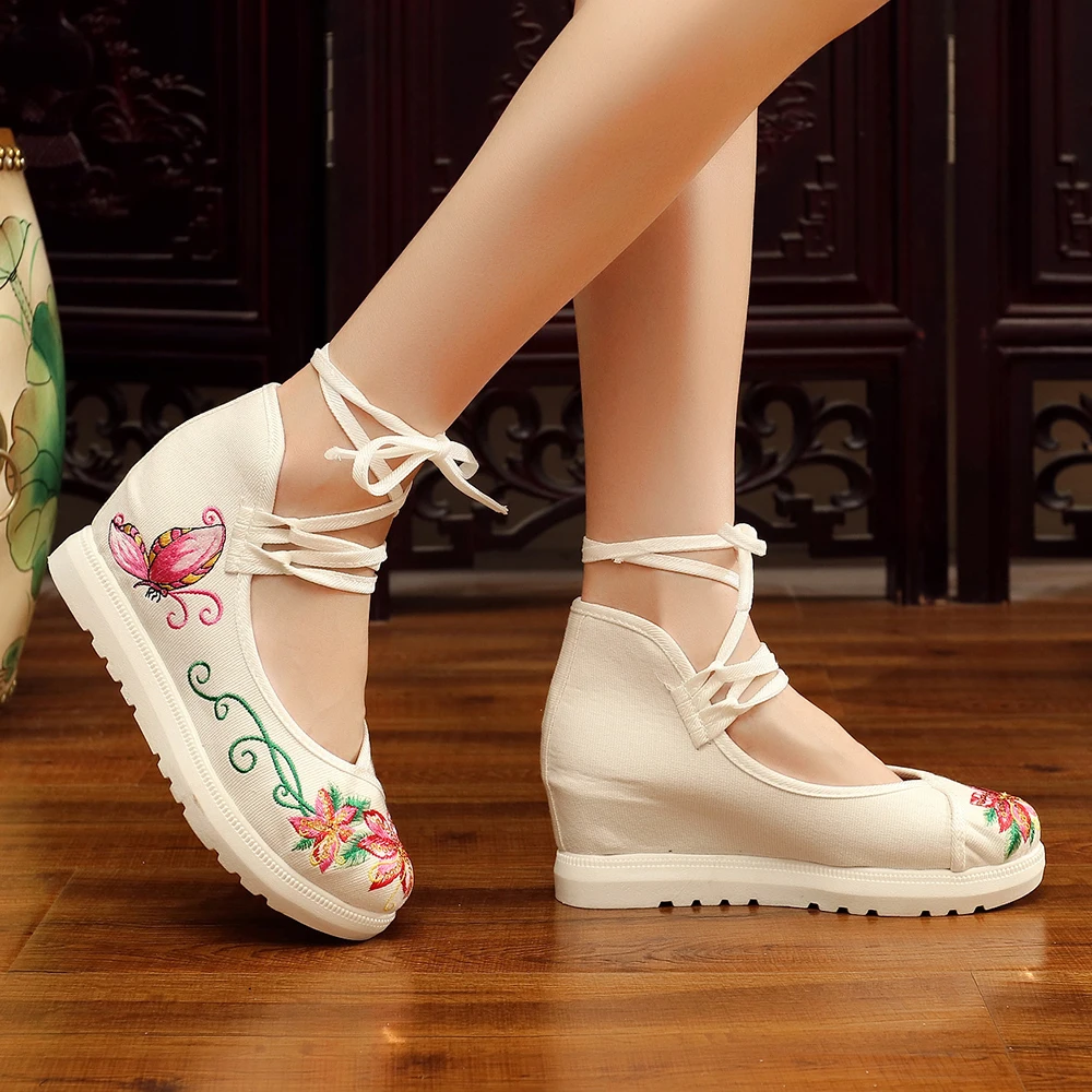 Veowalk Bees Embroidered Women Canvas Flat Platforms Long Ankle Strap Retro Ladies Casual Thick Bottom Shoes zapatos mujer