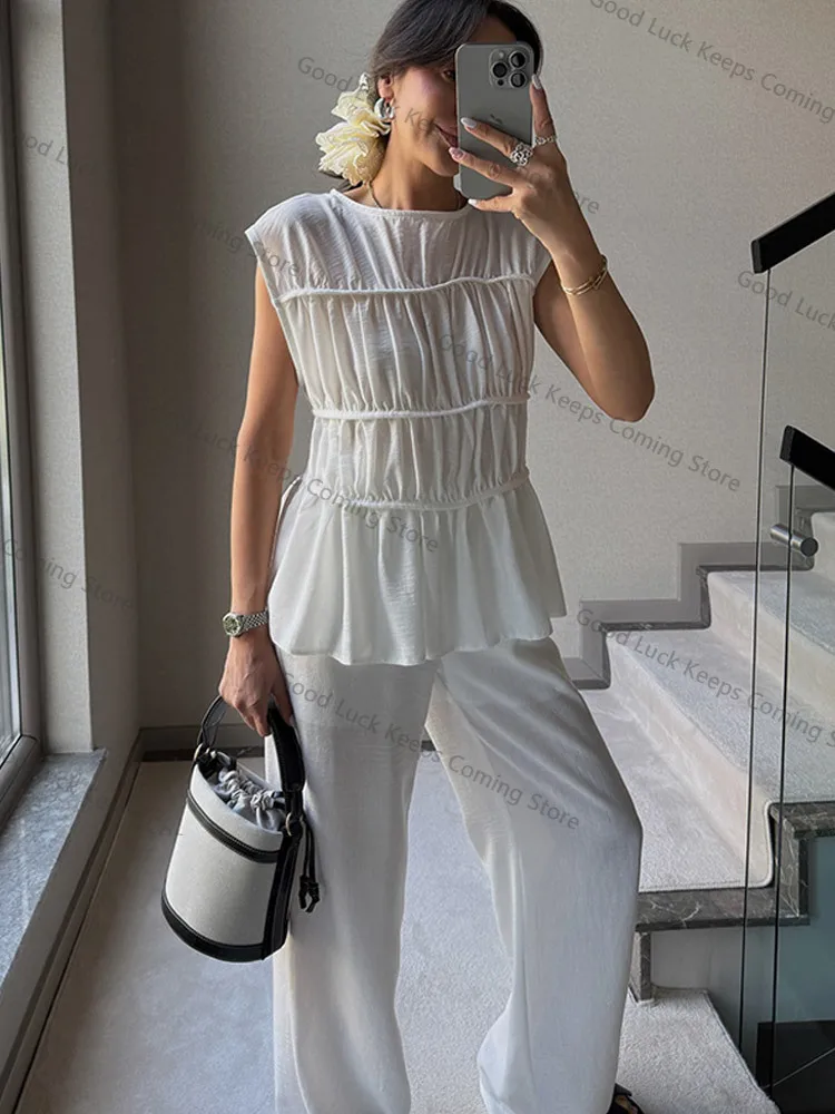 

Summer Brown Linen Pants Set Women Sleeveless Pleated Top Wide Leg Trousers Casual Cotton Suits Street Chic Outfit Vacation 2025