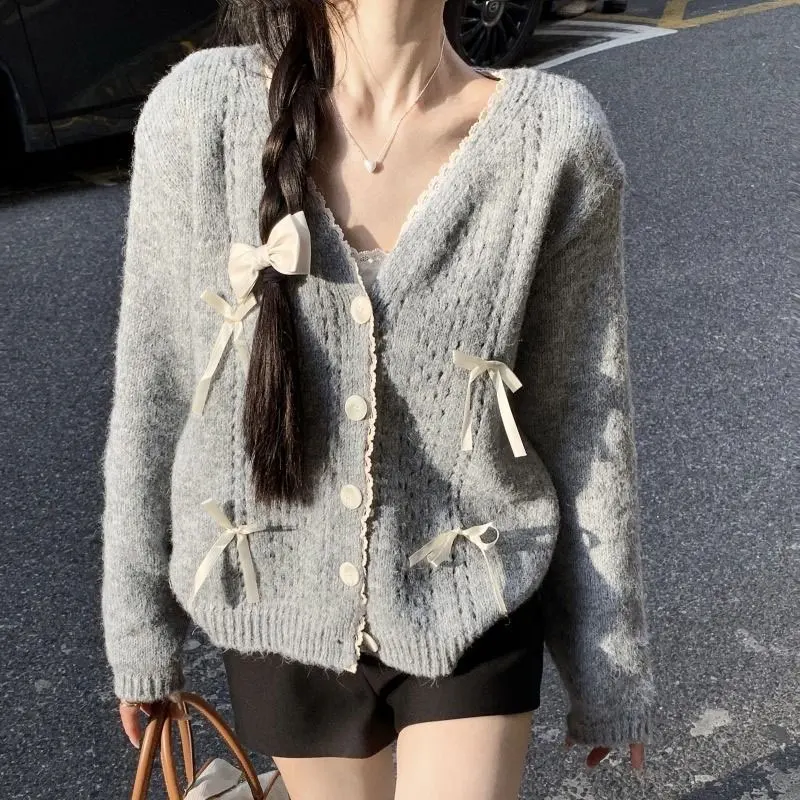 Sweet Lace Spliced Cardigan V-Neck Autumn Winter Casual Loose Knitted Female Clothing Fashion Bow Solid Color Korean Sweaters