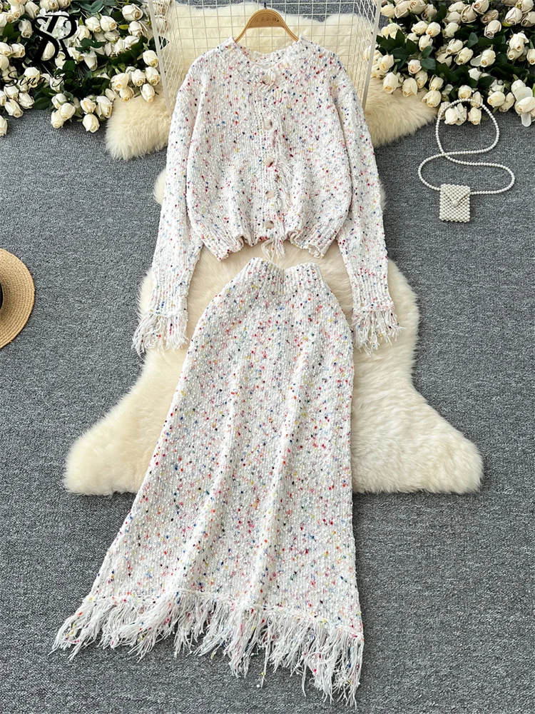 SINGREINY Knitwear Tassel Winter Suits V Neck Single Breasted Cardigan+High Elastic Slim Skirt Sweet Colorful Sweater Warm Sets