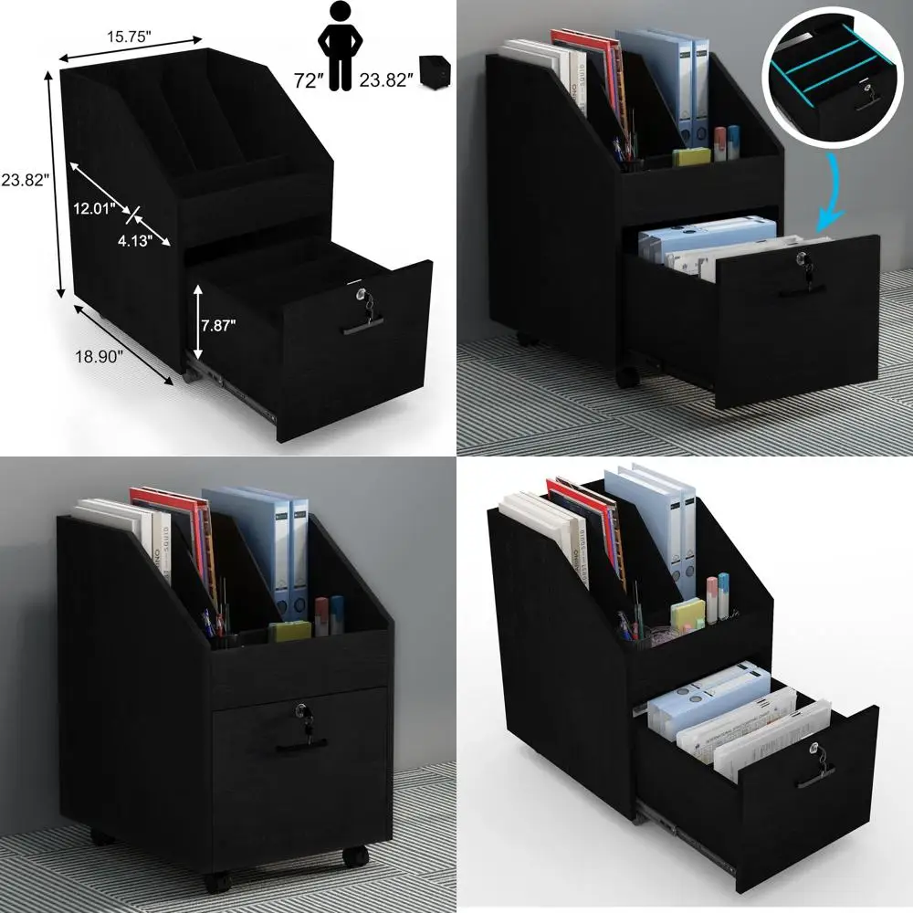 

Black Wooden Lockable File Cabinet on Wheels for Home Office Desk Storage