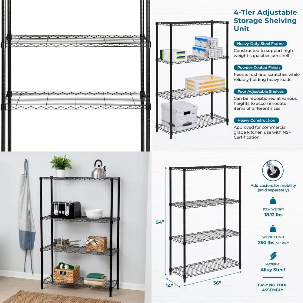 

4-Tier Black Adjustable Shelving Unit, Holds 250 lbs per Shelf, 36L x 14W x 54H