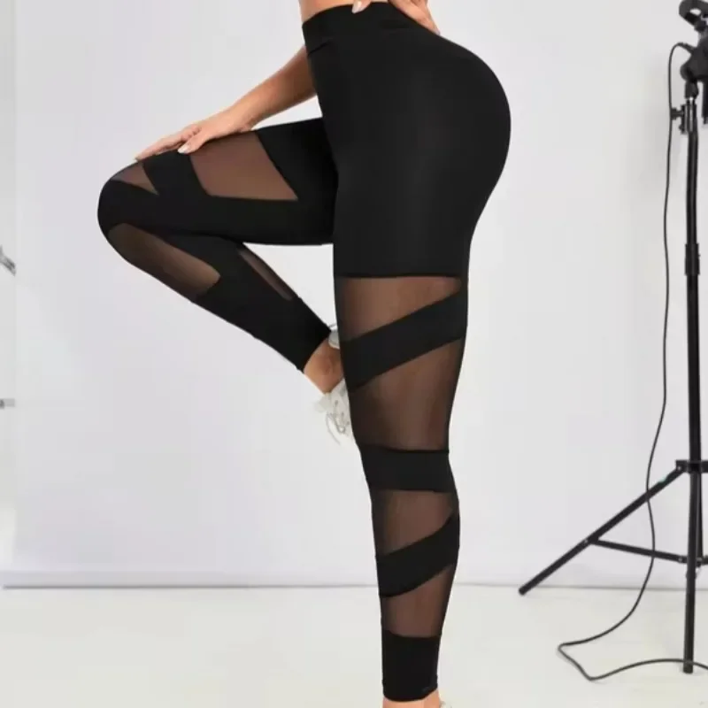 الصيف الأسود عالية الخصر شبكة النساء طماق الورك رفع مثير رياضة اليوغا السراويل الإناث شفافة رياضية لفافة ساق غير مخيطة