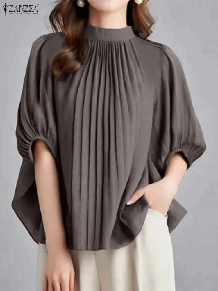 

ZANZEA 2025 Women Elegant Blouse Fashion Tops Casual Half Puff Sleeve Loose Solid Shirts Stand Collar Office Lady Pleated Blusas
