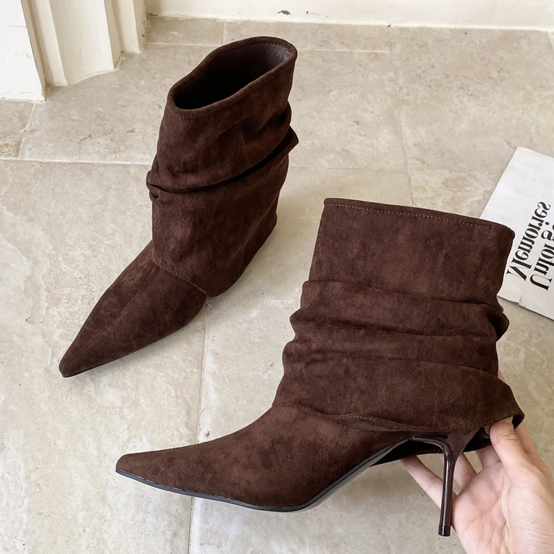 

Women's Pointed Toe Soft Suede Slouchy Ruched Thin Stiletto Heel Mid Calf Boots Elegant Casual Daily Footwear Drop Shipping Gift