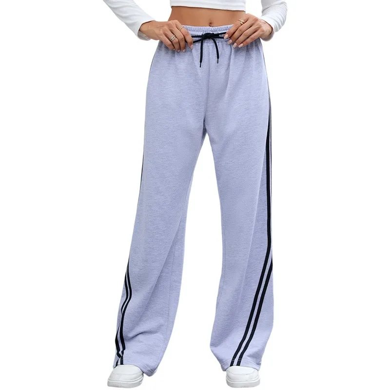 2025 Autumn Striped Patchwork Loose Casual Pants Women High Waist Drawstring Versatile Concise Street Straight Leg Trousers
