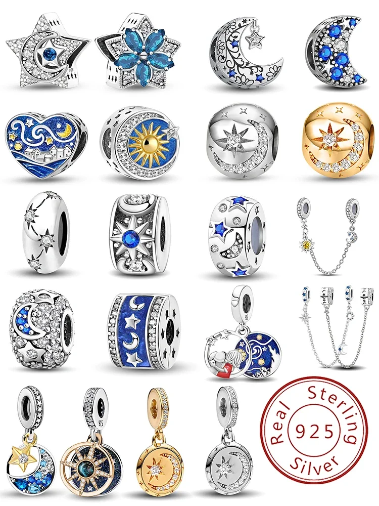 Niedliche Charms-Perlen aus 925er-Sterlingsilber mit Stern- und Mond-Serie, passend für DIY-Armbänder, Armreifen, Geschenk, hochwertiger Schmuck für Damen