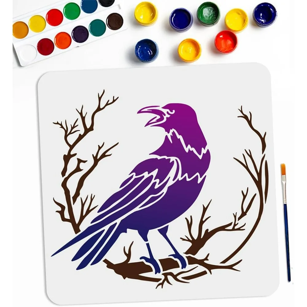 Crow Branch Divination Stencils 11.8×11.8inch Large Raven on Branch Stencils with Paint Brush Primitive Bird Drawing Template