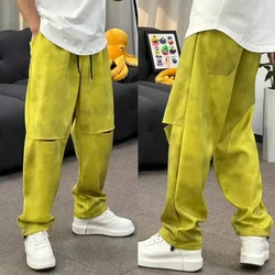 Casual Solid Color Loose Straight Trousers 2024 Fashion Ice Silk Pants Men's Drawstring Hollow Out Baggy Sweatpants Streetwear