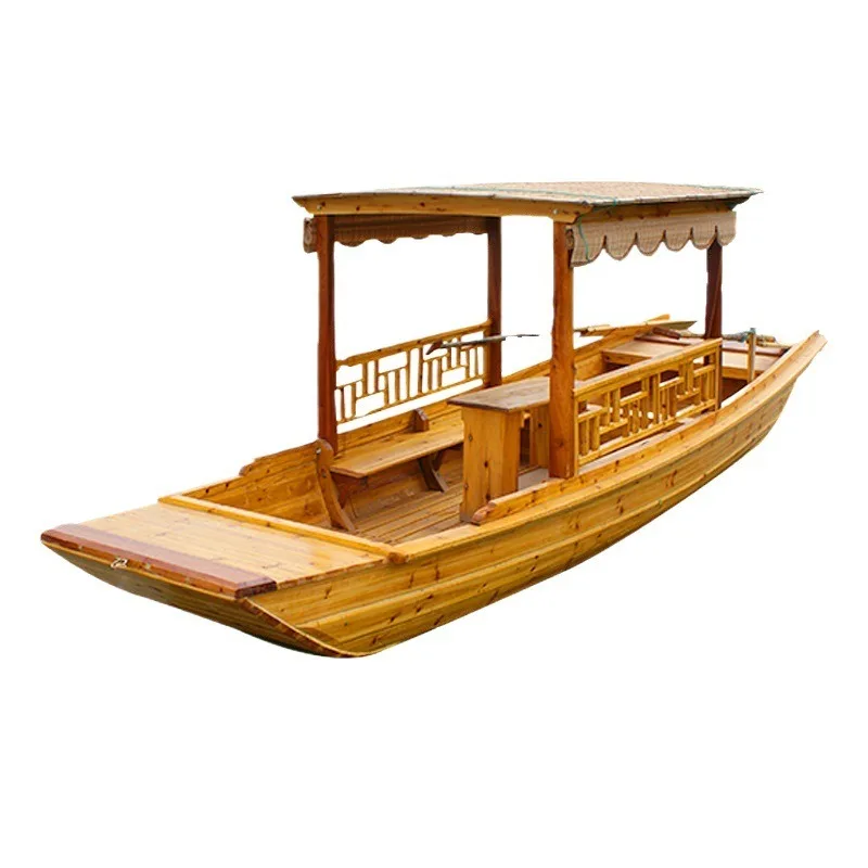 Antique wooden boat fishing boat solid wood old hand rowing electric awning boat can be launched