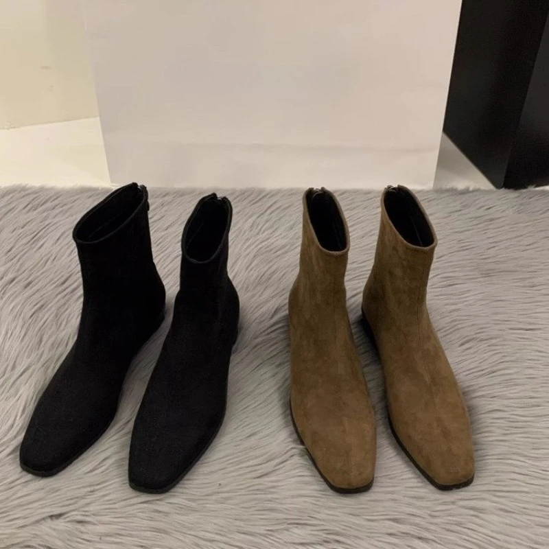 

New Square Ankle Boots Women's Mid-Calf Women's Short Botas Fashion Back Zip Modern Boots Hot Sale Solid Shoes Women zapatos
