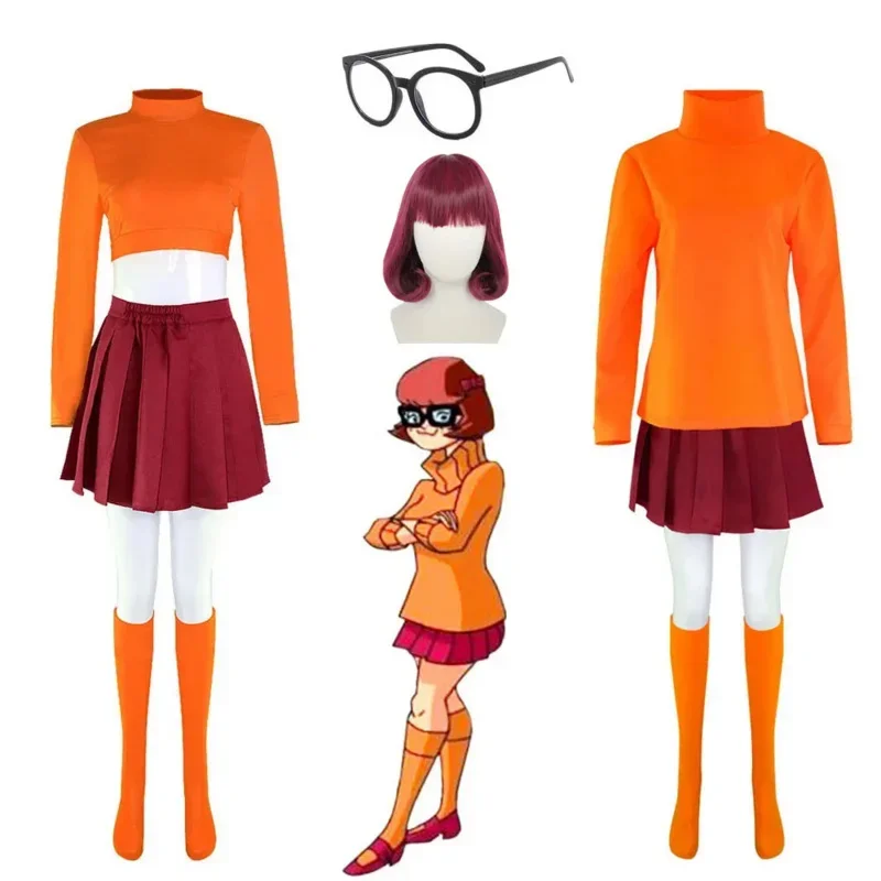 Anime Velma cosplay costume movie character orange uniform Halloween costume for women Girls cosplay costume wig