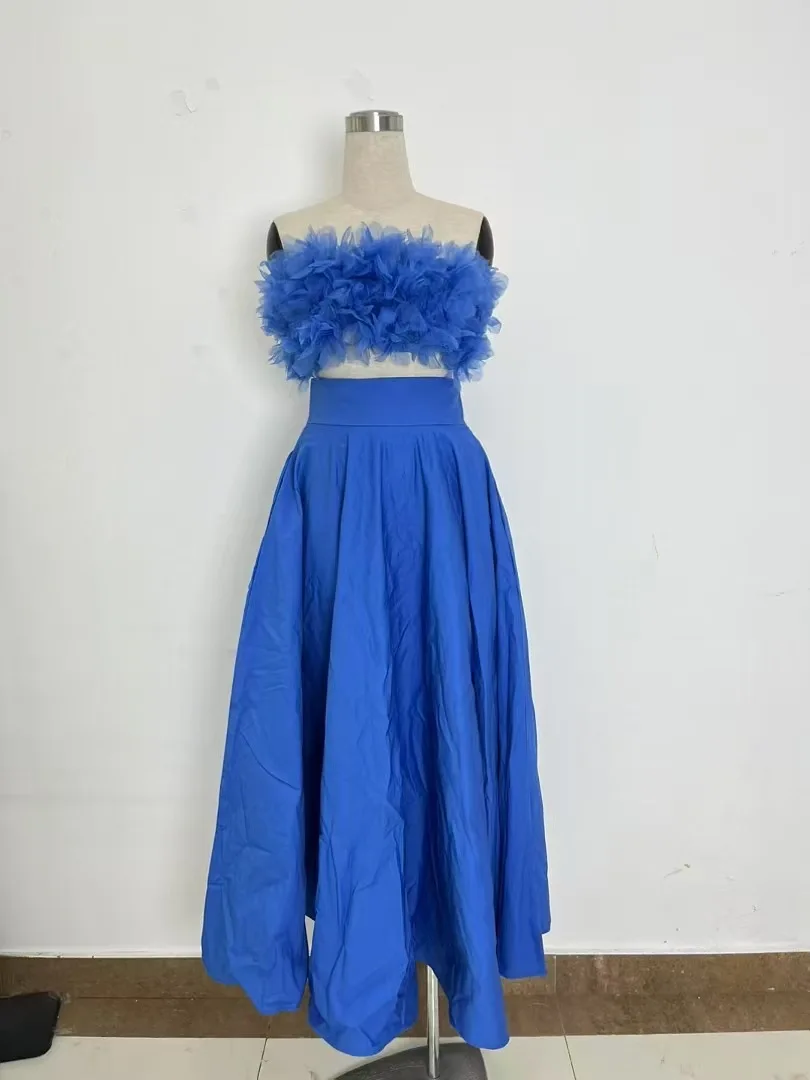 

2025 Spring and Summer New Style Tube Top Three-Dimensional Flower Elastic Short Top + A-Line Long Skirt Set-GZDL082
