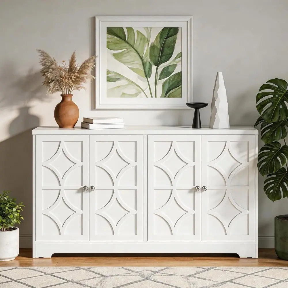 

56 White Satin Sideboard with 4 Carved Doors and Adjustable Shelves, Ideal for Coffee Bar or Dining Area