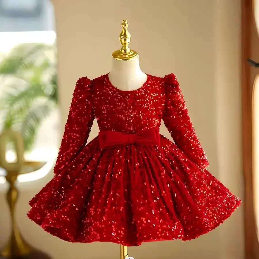 

High-End Children's Wedding Evening Gown Sequins Design Baby Birthday Baptism Party Clothing Girls Red Dress A3297