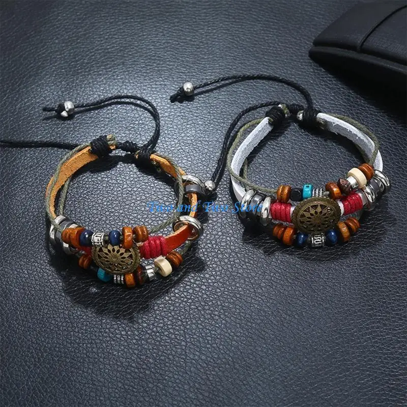 HX6F Wrap Bead Tribal Leather Woven Stretch Bracelet Boho Hemp Linen String Bracelet