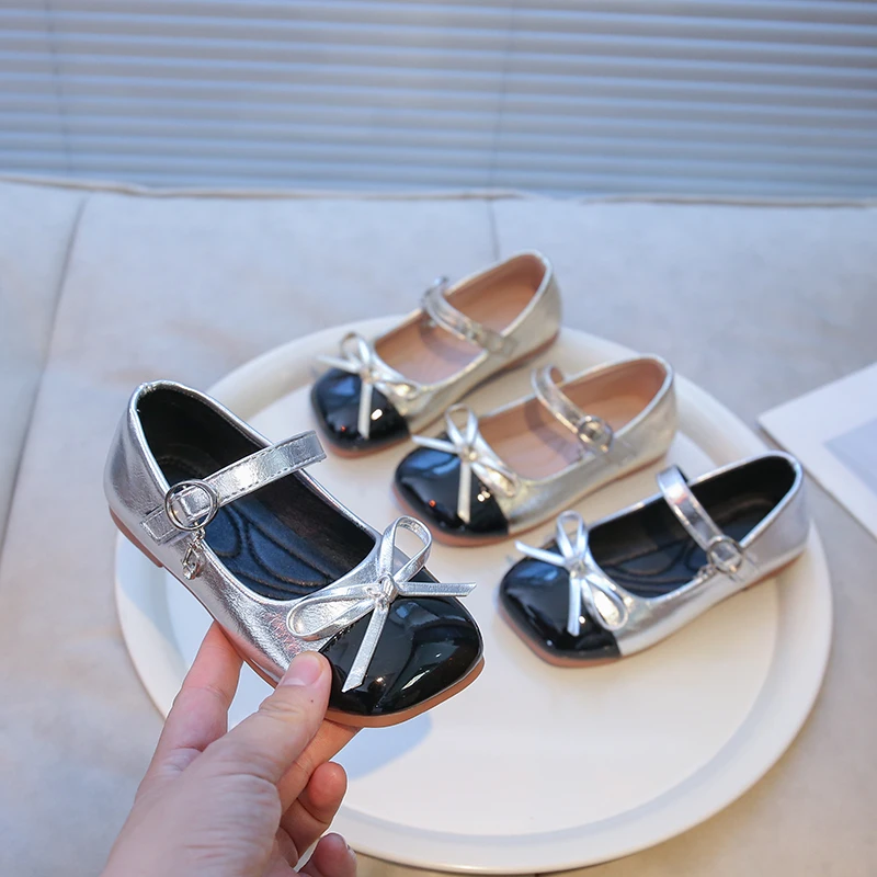 Girls Princess Shoes with Bow-knot Kids Flats Performance Shoes Fashion Children Leather Shoes for Party Wedding Soft Sole