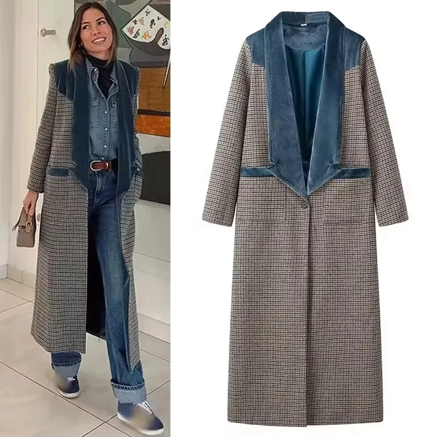 

Women's Fashionable Plaid Woolen Coat Deep V-neck Long Sleeve Stand Collar Independent Station Style Large Size Clothing