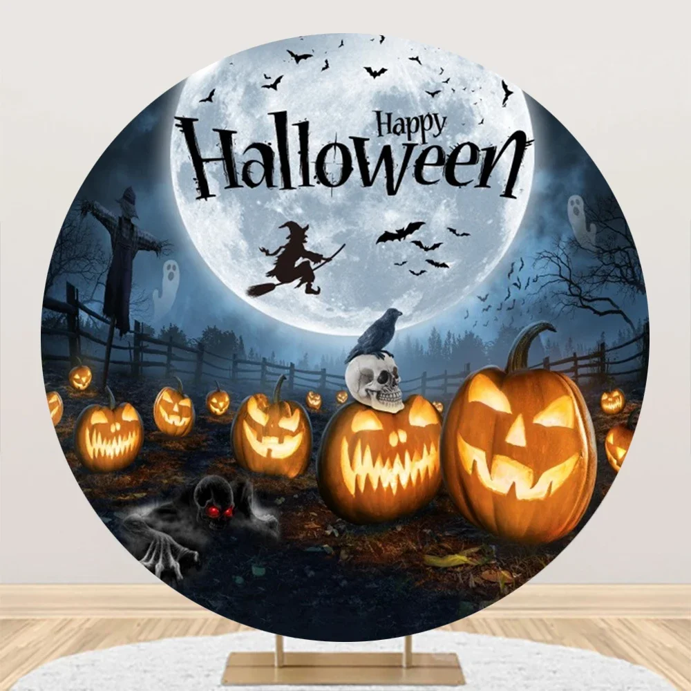 Tableclothsfactory Halloween Party Round Backdrop Horror Night Moon Pumpkin Witch Castle Kids Portrait Circle Cover for Photo