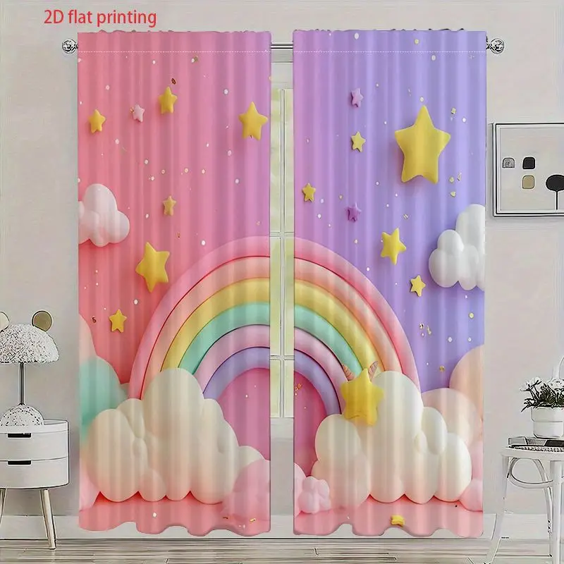 Kids Rainbow Curtain Panels, Cute Rainbow Cloud Star Pastel Color Playful Pattern Print Drapes for Living Room Home Decor