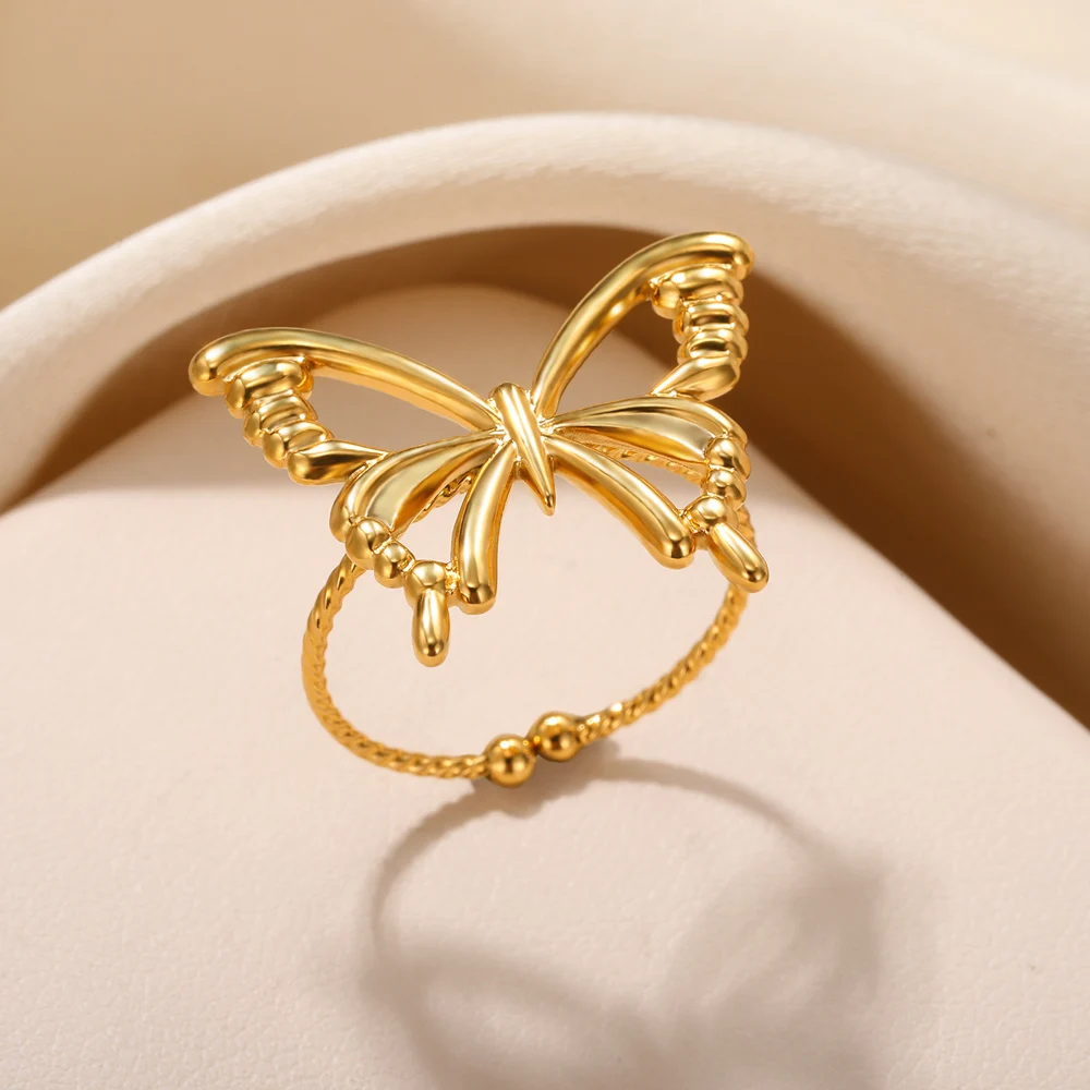 Butterfly Shell Rings For Women Men Aesthetic Gold Color Stainless Steel Open Adjustable Ring Fashion Jewelry Gift Anillos Mujer