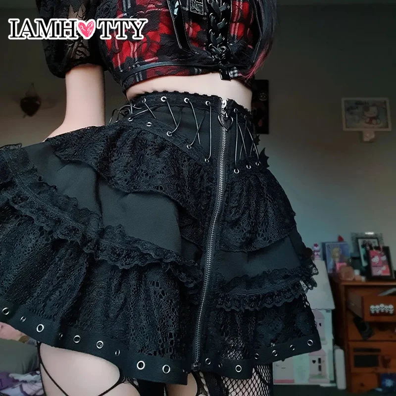 

IAMHOTTY Gothic Dark Academia Tiered A-line Lace Skirt Black Zipper High Waist Drawstring Tutu Skirts Kawaii Lolita Style Skirt