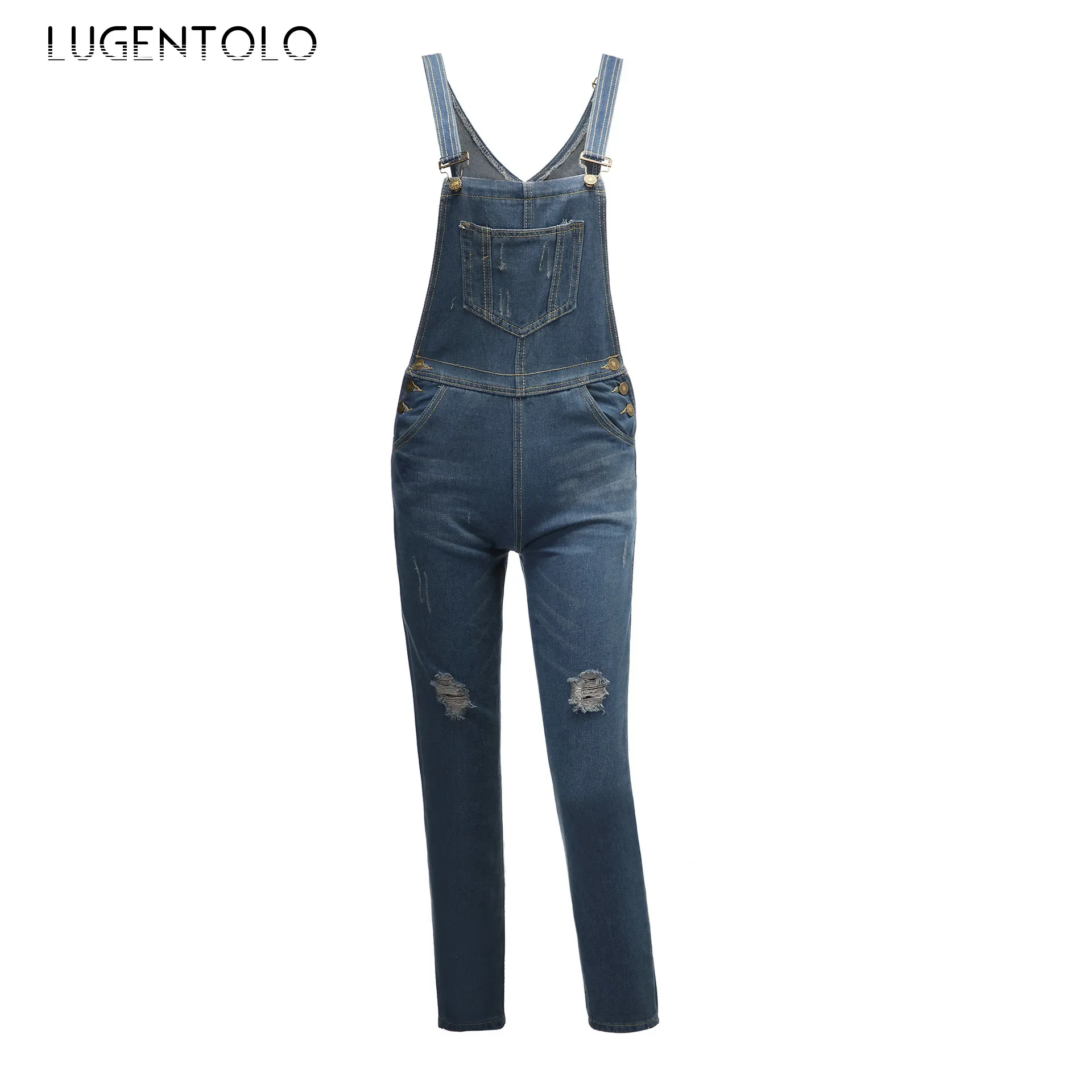 Women Overalls Denim Jumpsuits Hole New Fashion Sleeveless Pocket Female Straight Leg Street Casual Trousers Clothing