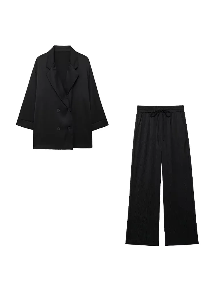 2024 Women Ice Silk Draped Pants Set High Waist Wide Leg Pants+ Solid Beige Long Sleeve Shirt Casual Loose Office Lady