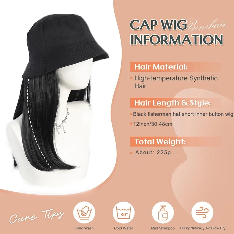 Detachable women's wig hat autumn summer bucket fisherman hat medium length hair with inner buckle collarbone wig