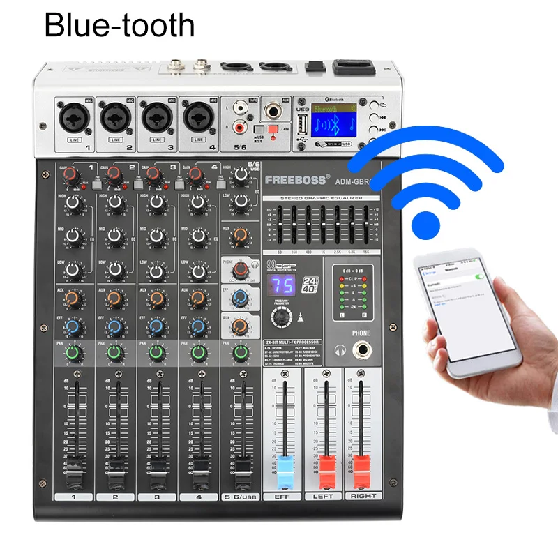 FREEBOSS +48V Phantom Power Repeat Effect USB Play Record Bluetooth Karaoke DJ Console 99 DSP Audio Mixer 6 Channels ADM-GBR6