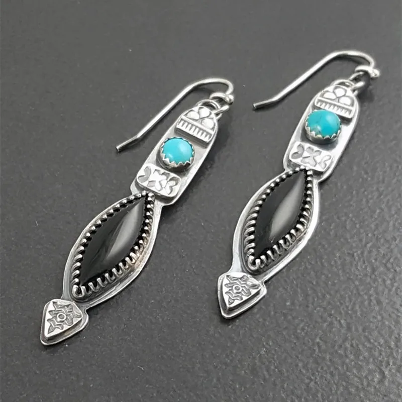 Ethnic Long Metal Hand Inlaid Black Color Stone Earrings Boho Ladies  Statement Drop Earrings for Women