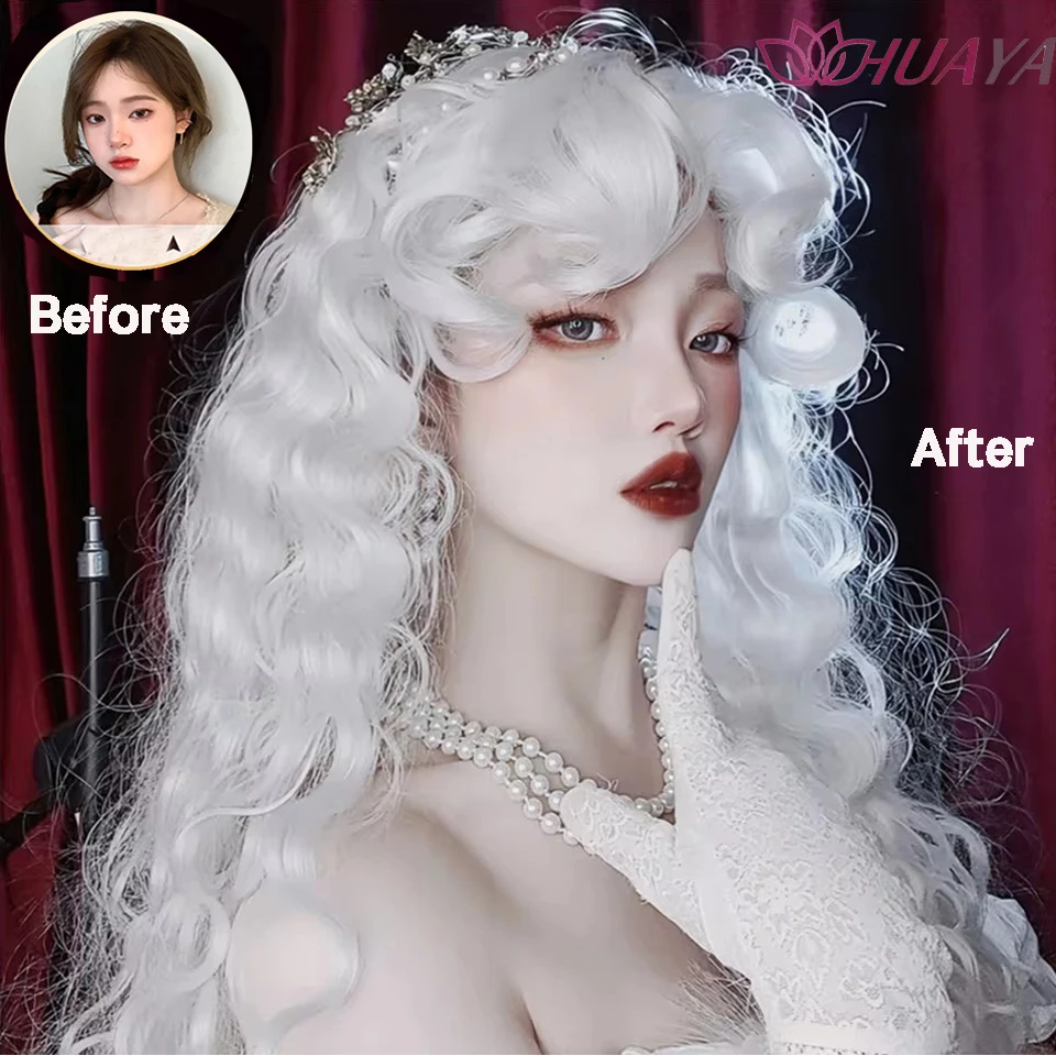 Fluffy Wool Roll Synthetic Wig Retro Curly Lolita Female Wig Silvery White Long Curly Halloween Cosplay Wig