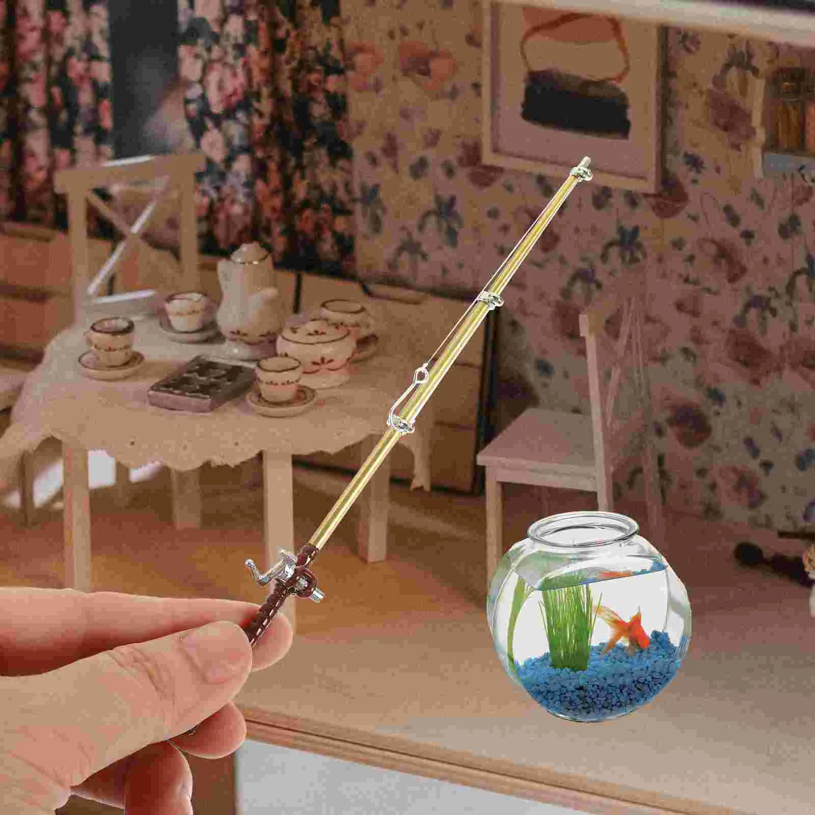 Kids Toys Mini Fishing Rod House Net Supplies Desktop Miniature Scene Adornments Wooden Sky-blue Decor Baby