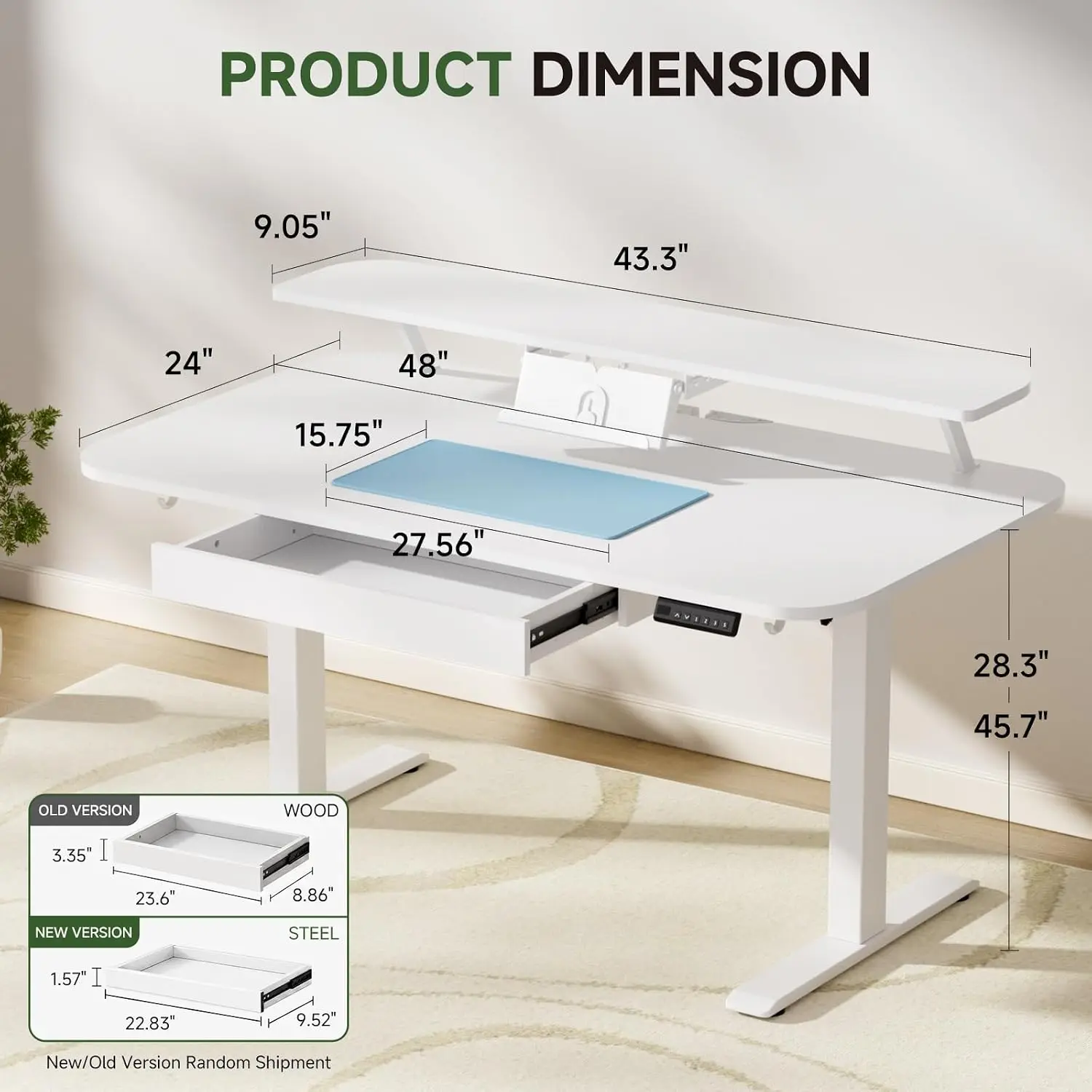 Height Adjustable Electric Standing Desk 48x24 Inches Sit Stand Computer Desk White Memory Preset Monitor Stand Laptop Stand Dra