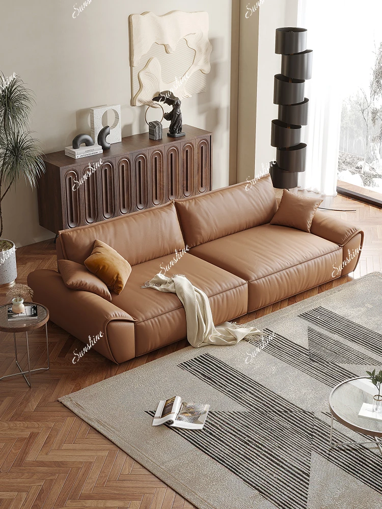 Cloud leather sofa, modern simple living room small apartment straight row Nordic wabi-sabi wind