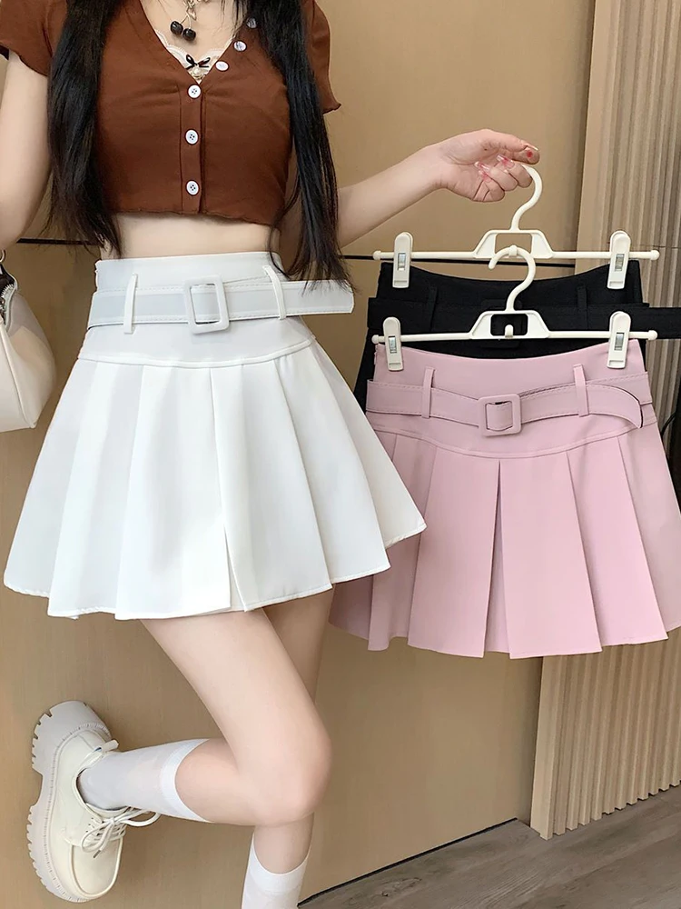 Zoki Japan Sweet Belt White Pleated Skirt Women Sexy High Waist Mini Skirt Summer Preppy Style Female Casual A Line Pink Skirt