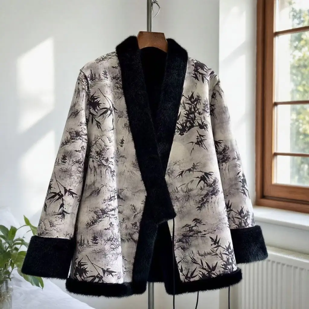 Luxury Vintage Ink Wash Painting Fur-Lined Coat Reversible Gold Mink Fleece Faux Fur Fleece-Lined Thicken Women Coats Jacket New