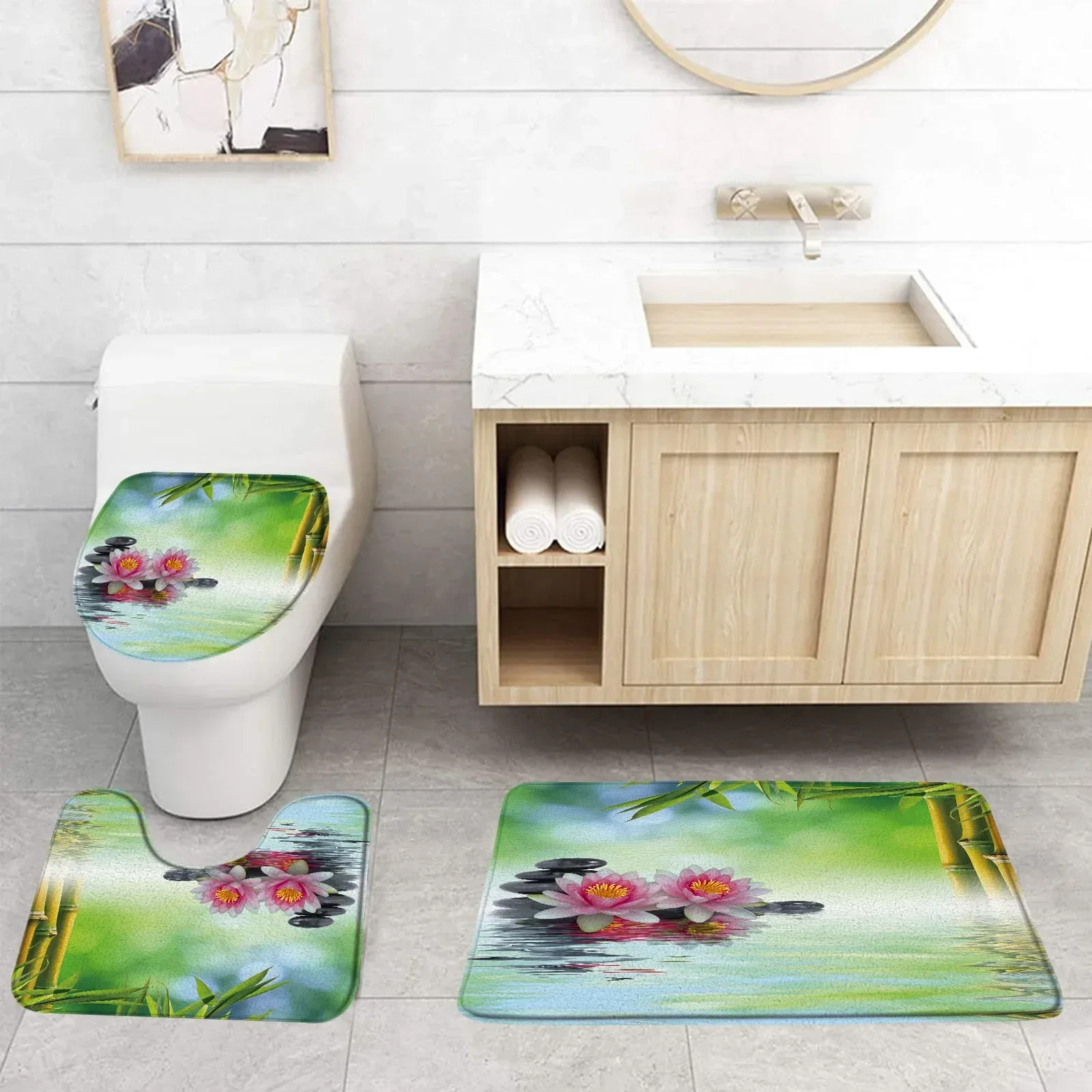 Zen Buddha Bamboo Bath Mats Set Lotus Orchid Flowers Black Stone Plant Spa Garden Scenery Bathroom Decor Door Rug Toilet Lid Mat