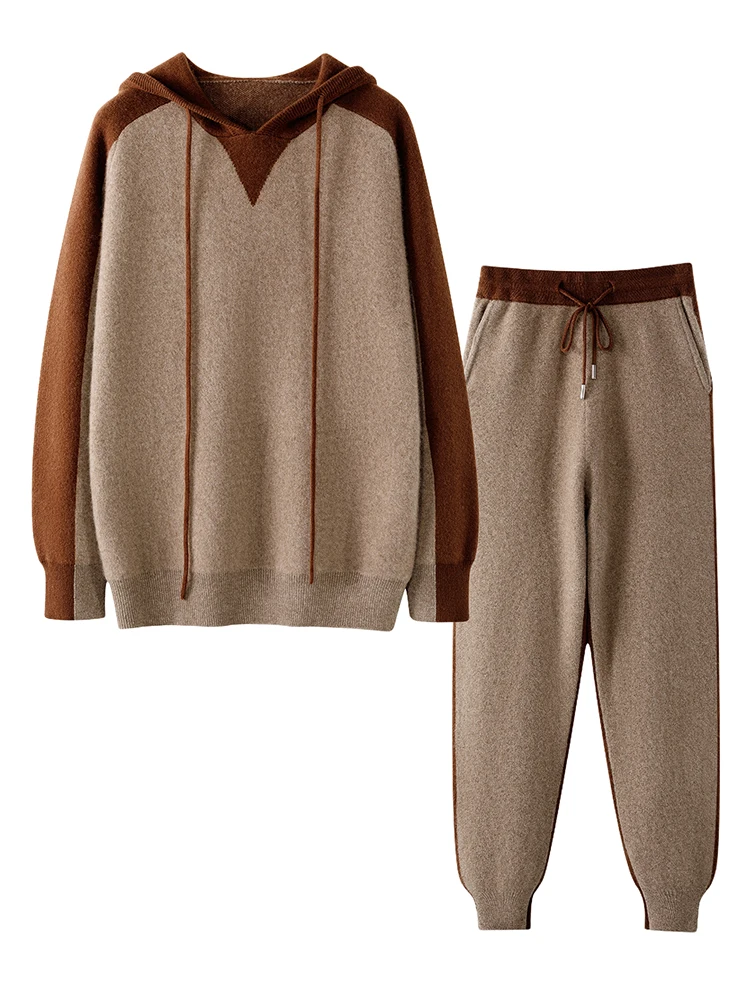 CHICUU Men's 100% Cashmere Hoodie Pullover Pants Set Autumn Winter Thick Heavyweight Cashmere Knit Sweater Jumper Trousers Suit