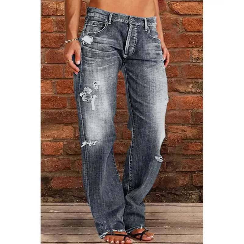 Mulheres lavadas jeans lápis calças denim buraco cintura alta bolsos vintage botão sólido básico calças de comprimento total 2024 casual