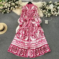 JAMERARY Runway Red Blue White Porcelain Print Holiday Maxi Dress Women's Stand Single Breasted Loose Lace Up Belt Long Vestido