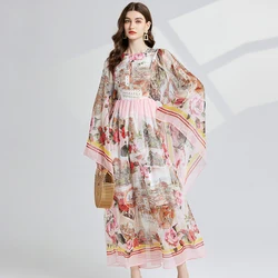 Banulin Fashion Runway Chiffon Maxi Dress For Women Spring Summer Long Flare Sleeve Flower Printing Holiday Robe Vestido