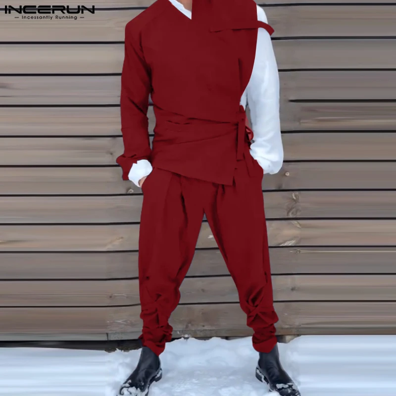 INCERUN Men Sets Solid Color Lace Up V Neck Irregular Blazer & Pants Two Pieces Sets Streetwear 2025 Fashion Casual Men's Suits